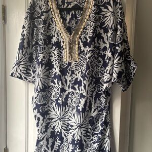 Lilly Pulitzer Navy and White Mini Dress with Beaded Neckline
